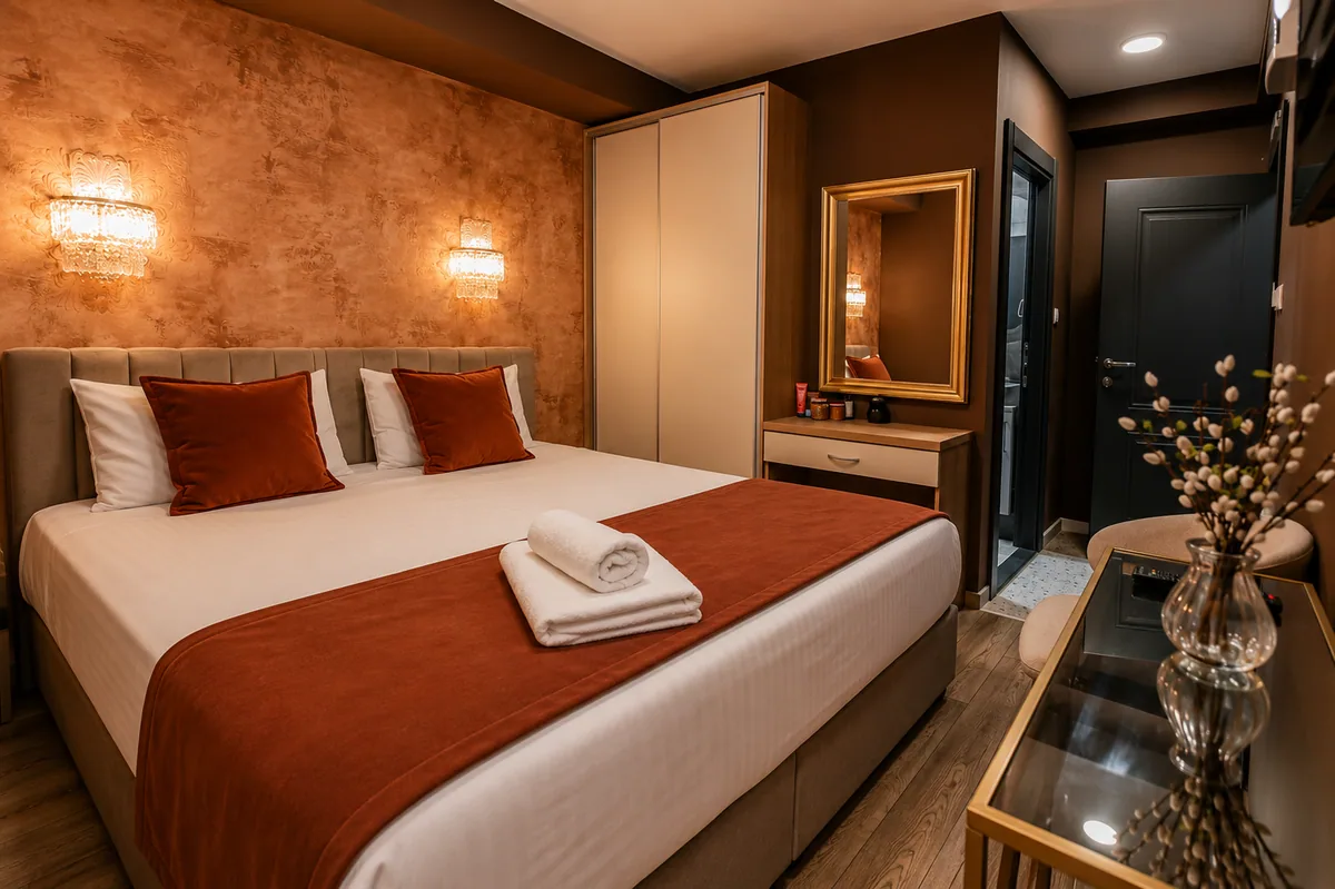 Doppelzimmer mit Kleiderschrank und Spiegel