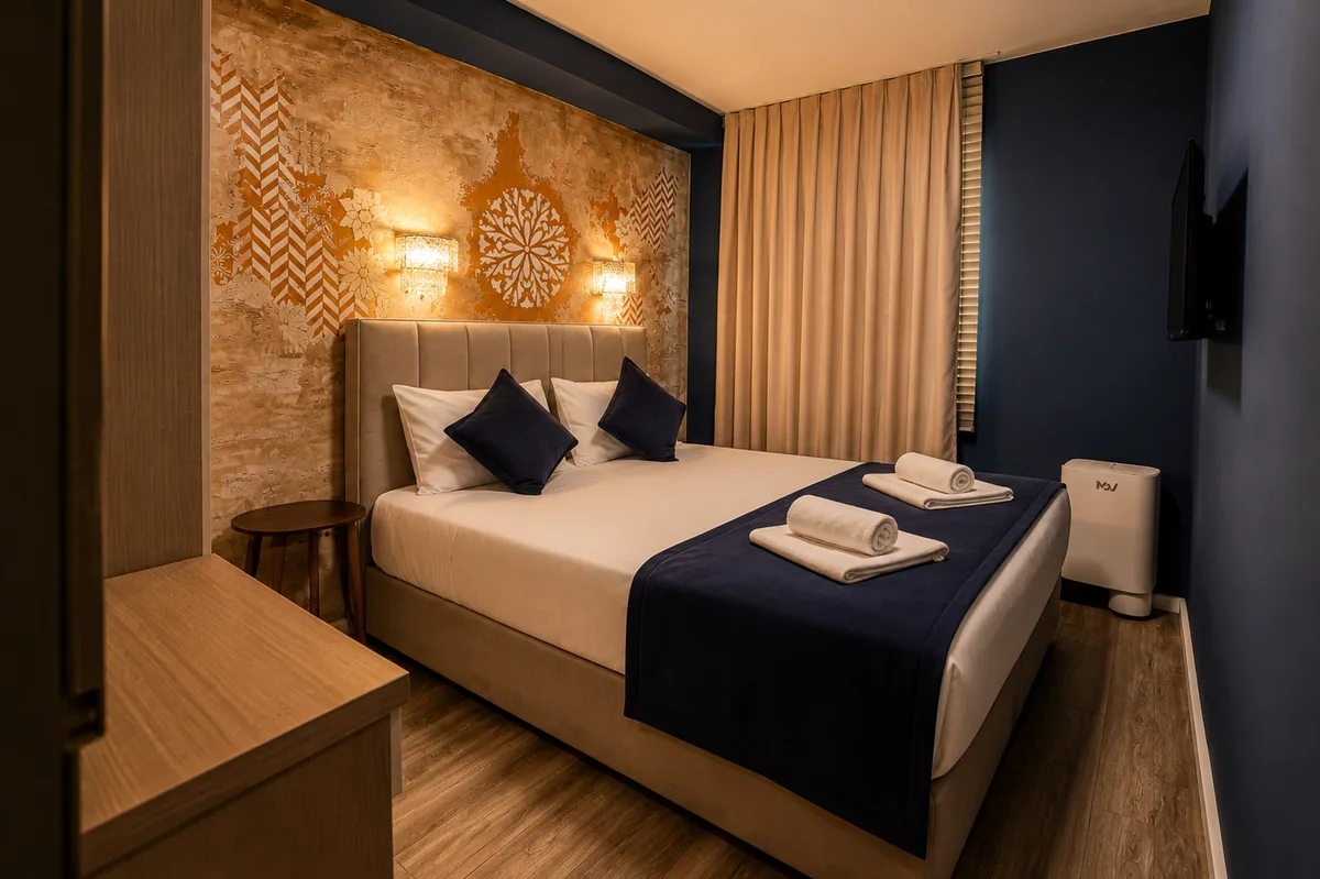 Blau-goldenes Apartment-Schlafzimmer