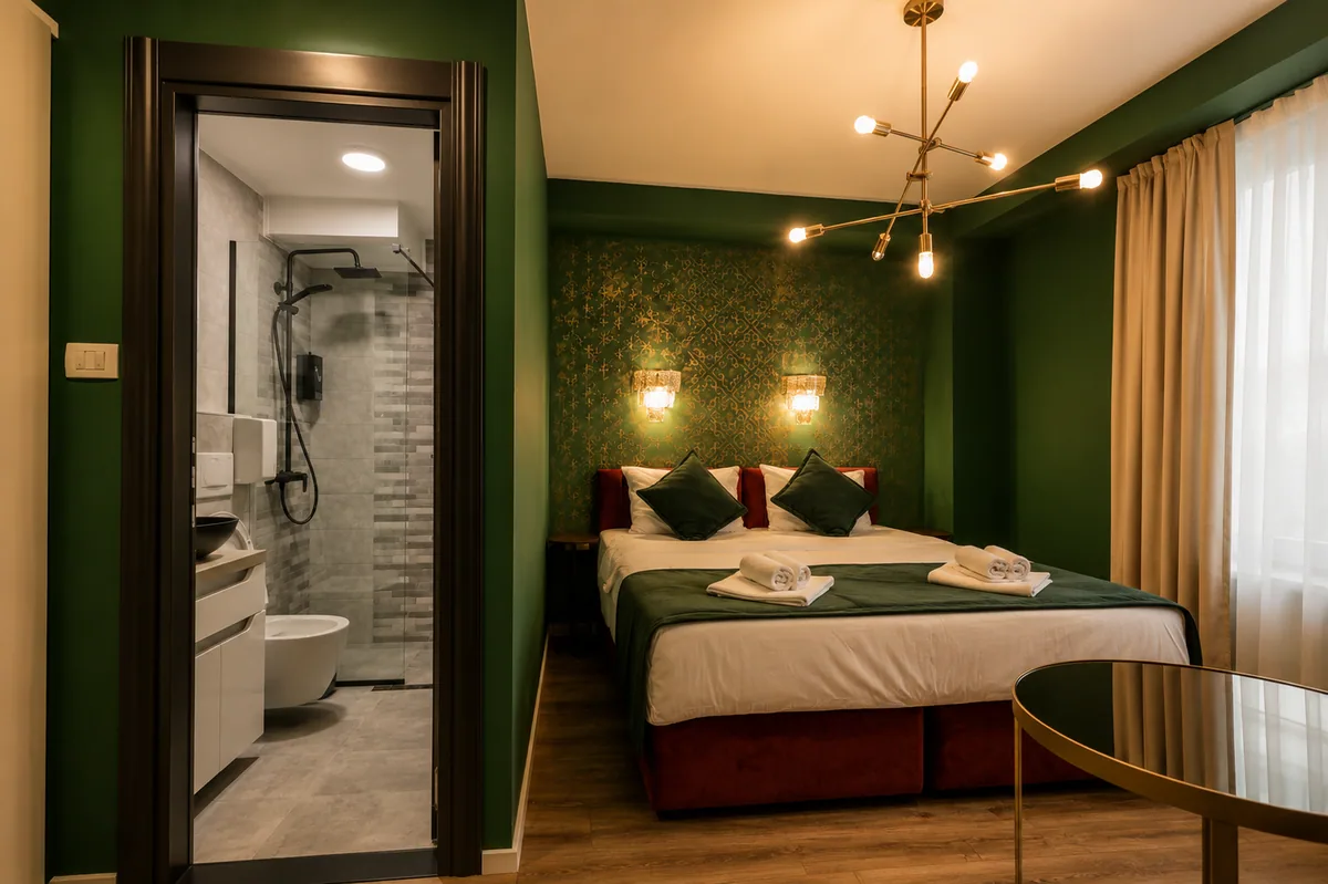 Grünes Zimmer mit Blick zum privaten Bad