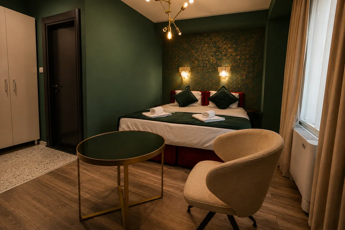 Geräumiges grünes Zimmer mit Sitzecke